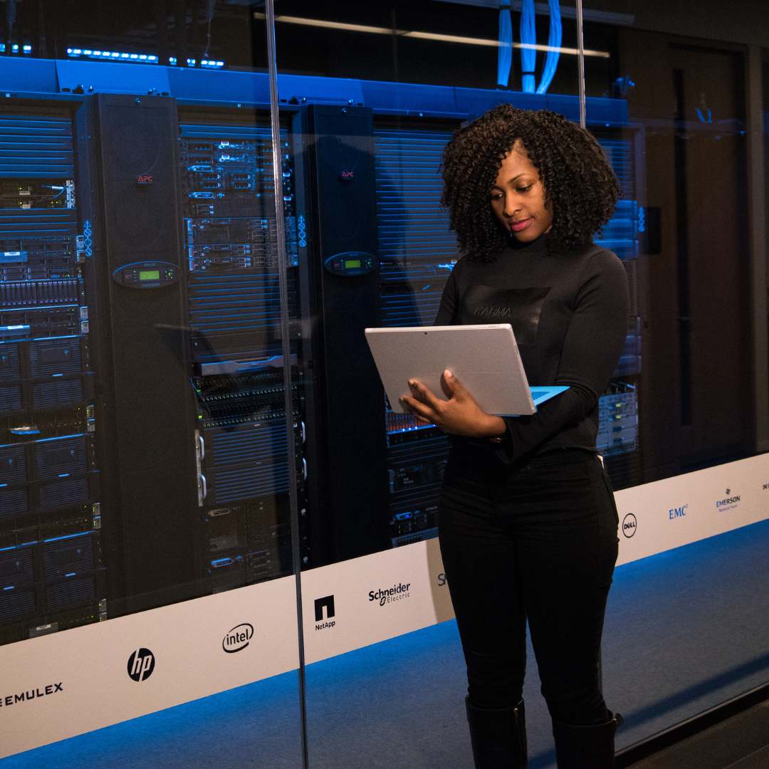 woman working on server